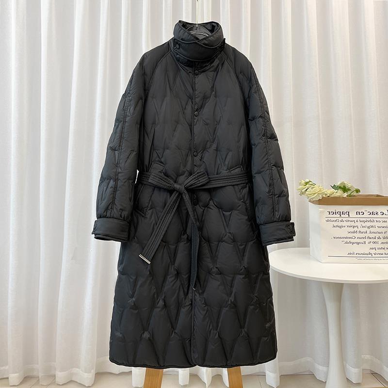 new stand-up collar light down jacket women's niche versatile pressure glue foreign style long knee waist diamond belt