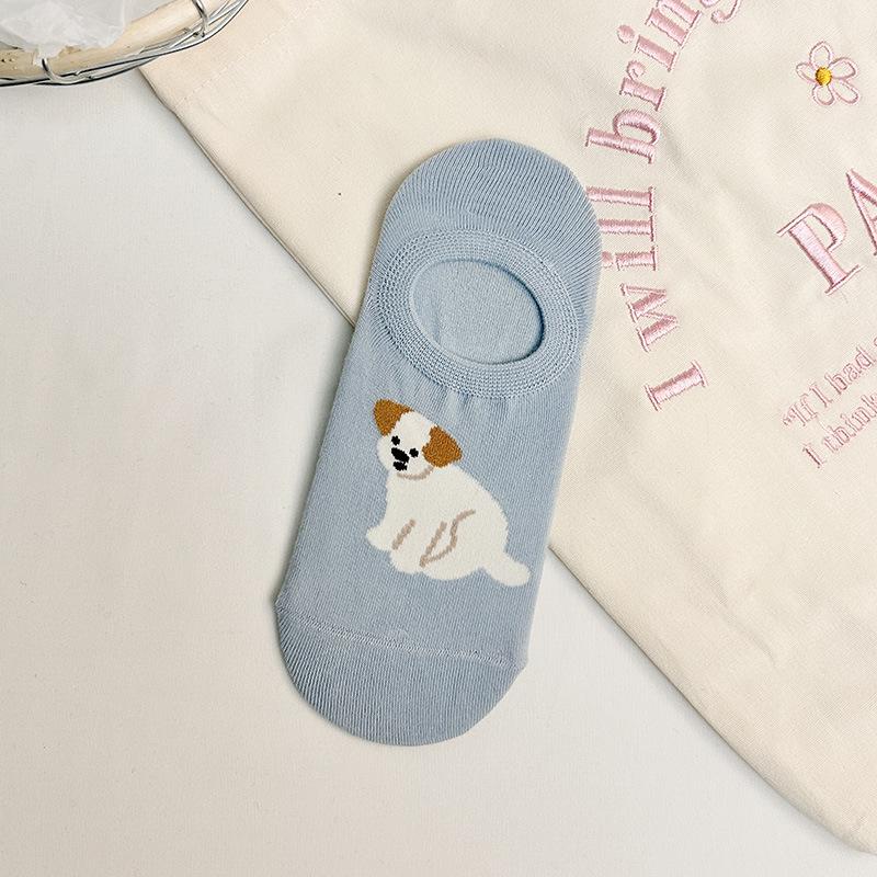 Spring and Summer Thin Boat Socks for Women, Cartoon Animal Silicone Invisible Socks for Dogs, Short, Shallow and Non-falling Heel Women's Socks