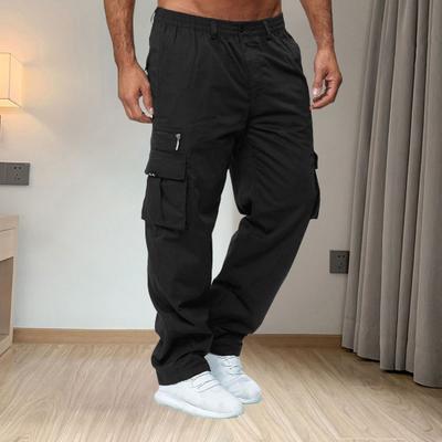 Men Spring Fall Pants with Multi Pockets Elastic Waist Straight Leg Sweatpants Stretchy
