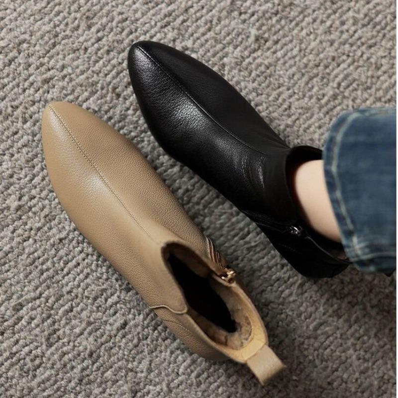Soft Leather Short Boots Women's New Autumn and Winter Cotton Boots Slope Heel Middle Heel Ankle Boots Bare Boots Velvet Warm