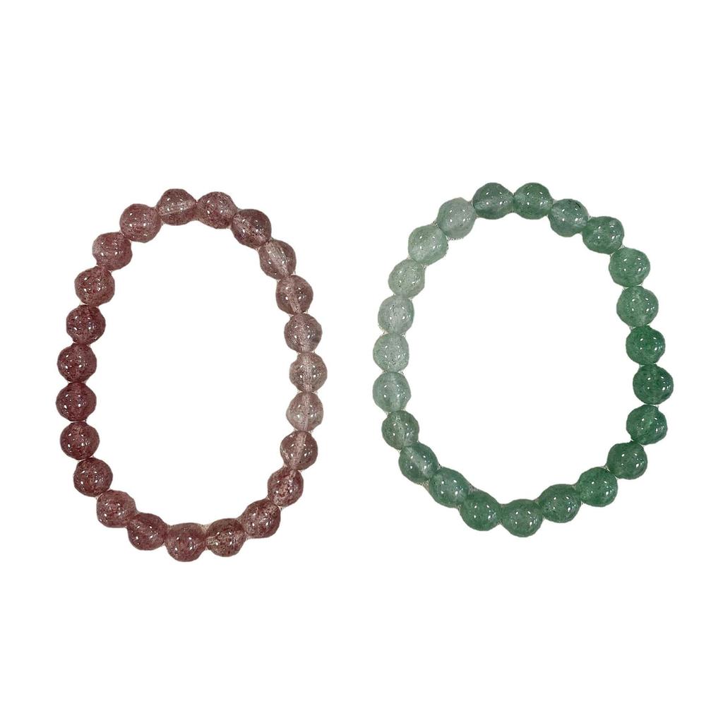 Qiaoen Women's Sweet Natural Strawberry Quartz & Green Crystal Beaded Bracelet - Simple Gradient Design Jewelry