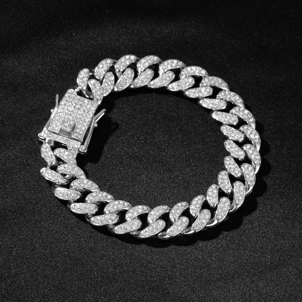 13MM  2 Row Rhinestone Paved Miami Rhombus Cuban Chain Hip Hop Men Women  Prong Cuban Link Chain Bracelet Iced Out men Jewelry