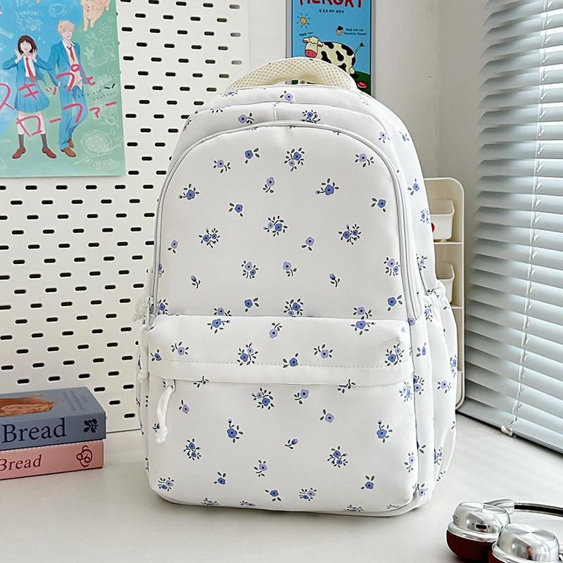 Minimalist Nylon Student Backpack With Geometric Pattern And Floral Details For Daily Use