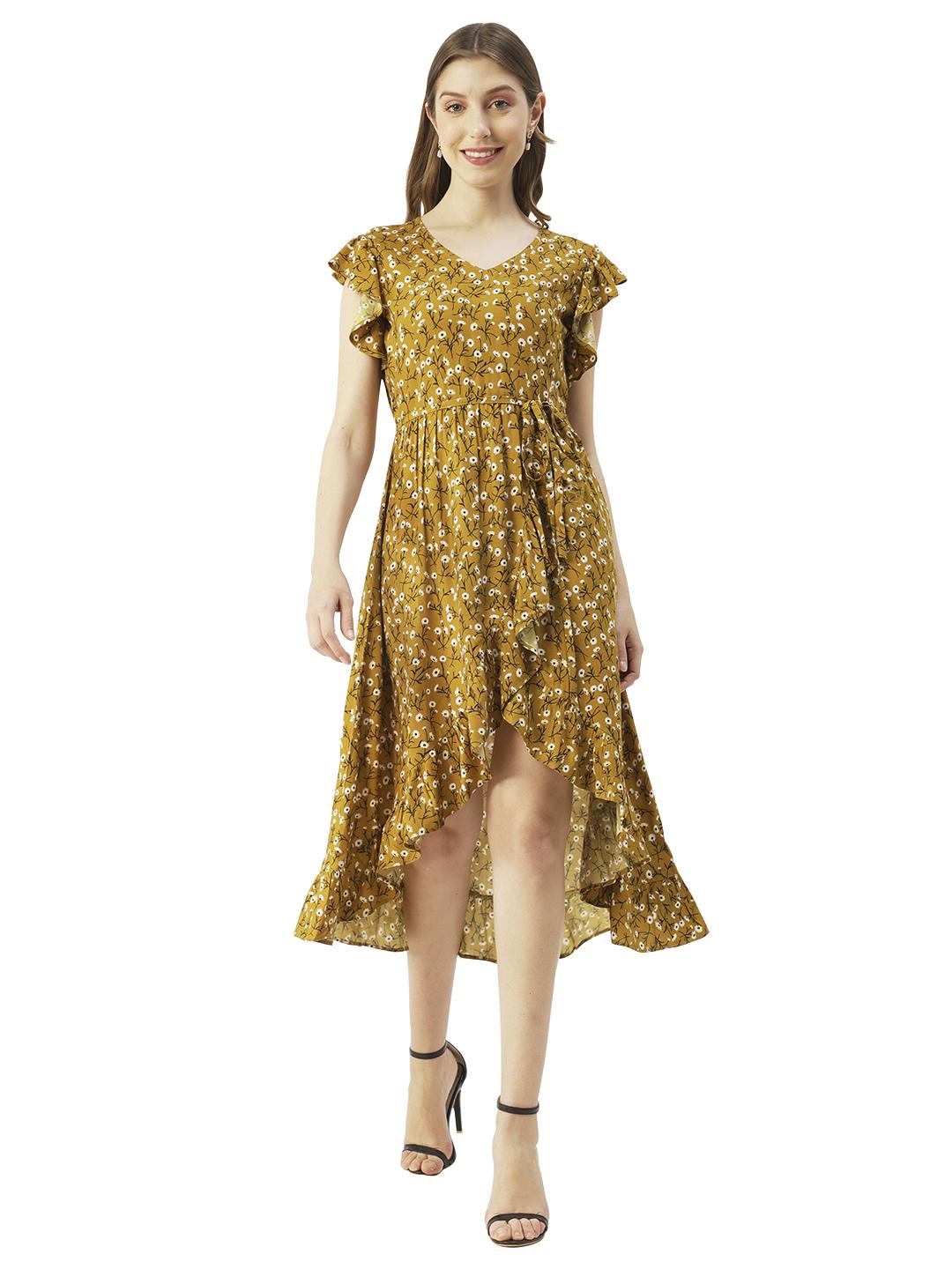 

Moomaya Printed Viscose Front Slit Ruffle Dress, Summer Resort Wear Women XS жовтий