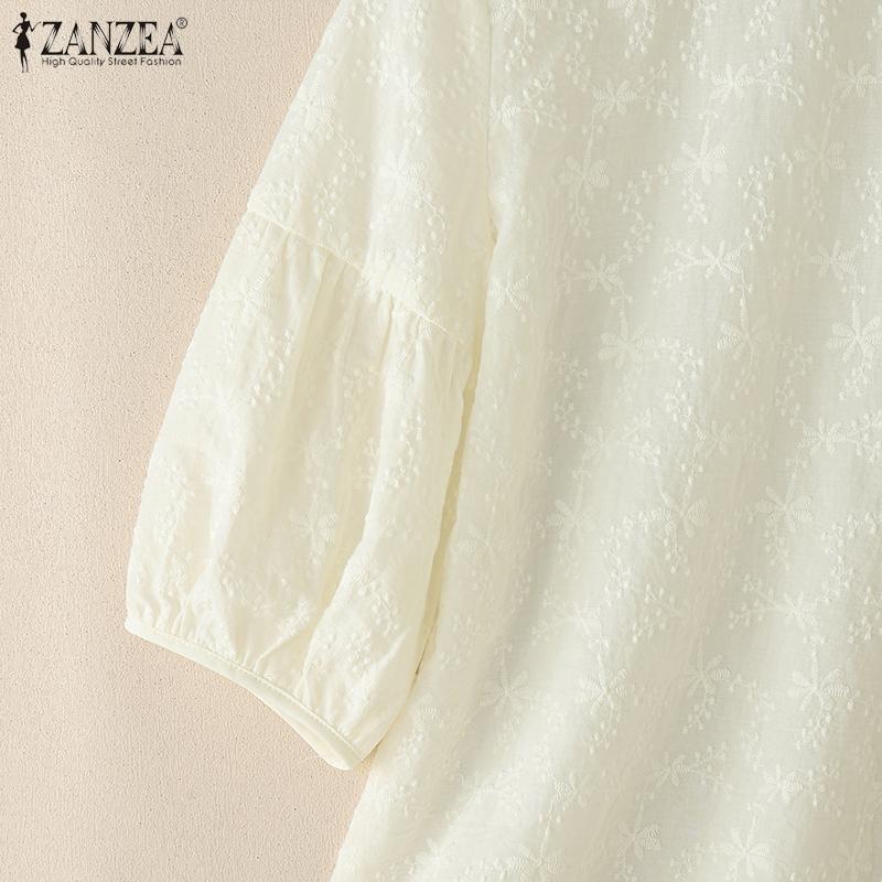 ZANZEA Women Casual Round Neck 3/4 Sleeve Loose Patchwork Cover Up Blouse