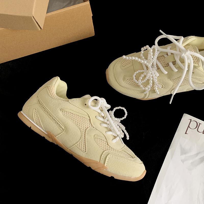 

Кроссовки женские серебристые балетки на платформе со шнуровкой и перламутровым узором, универсальные, повседневные, спортивная обувь Forrest Gump, весна 2025 г. 40 жёлтый