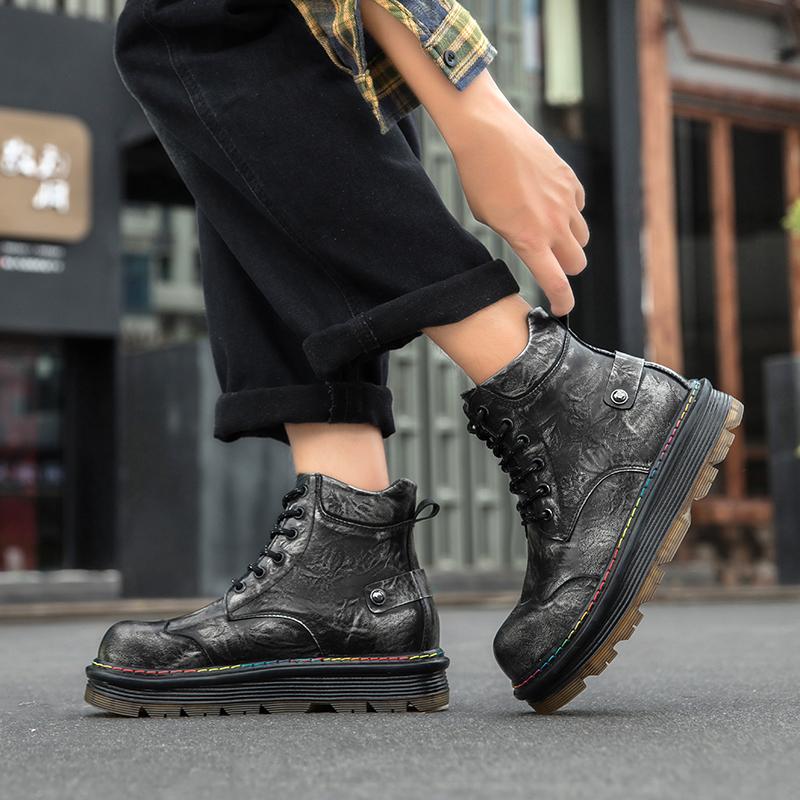 Platform Men's Retro Motorcycle Boots Round Toe Thick Genuine Leather Boots British Style Chunky Platform Lace Up Short Booties