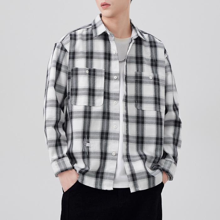 New Spring Japanese Retro Men's Loose Shirt Plaid Casual American Work Shirt Jacket