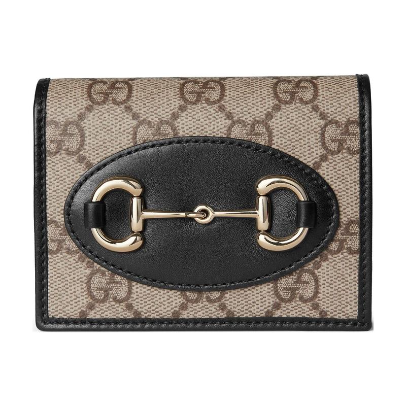 Gucci Horsebit GG Letter Pattern Horsebit Detail Fabric Card Holder Women's Beige and Dark Brown