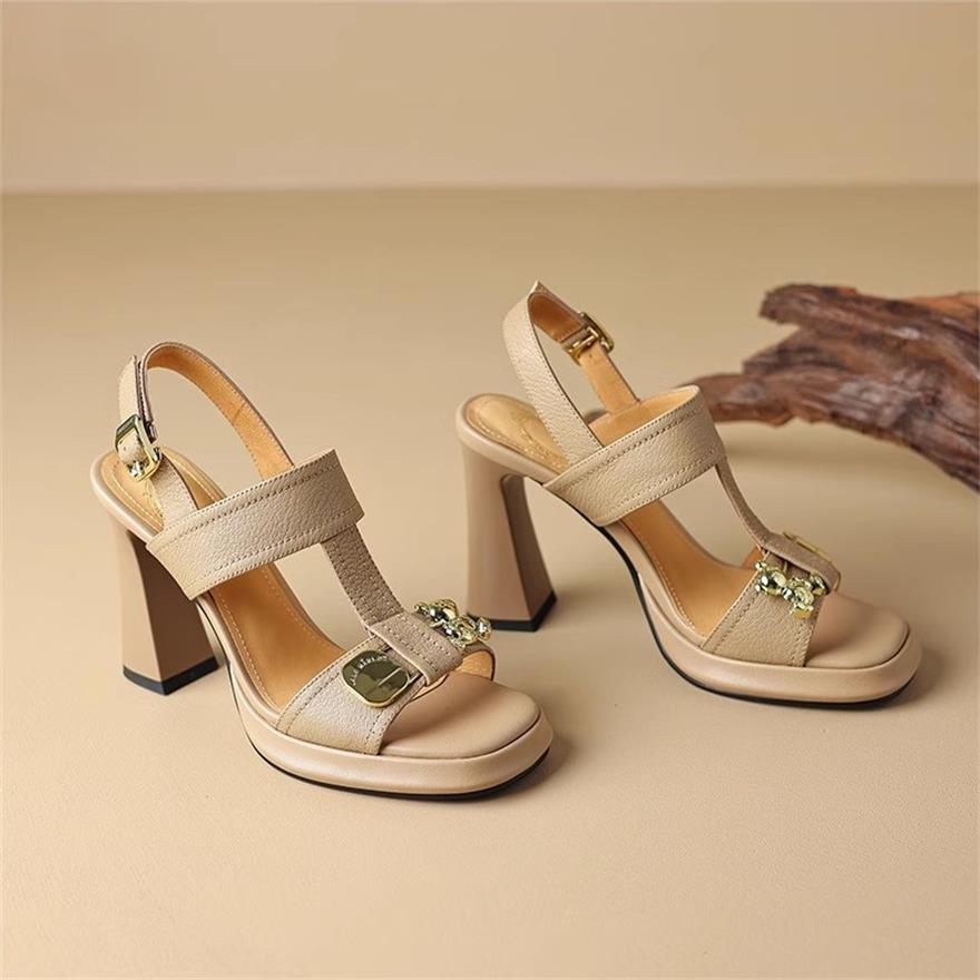 Fashion 2025 New Heels Shoes with Metal Decoration Women Sandals Square Toe Thick Heeled Pumps Elegant Leather Shoes Outside