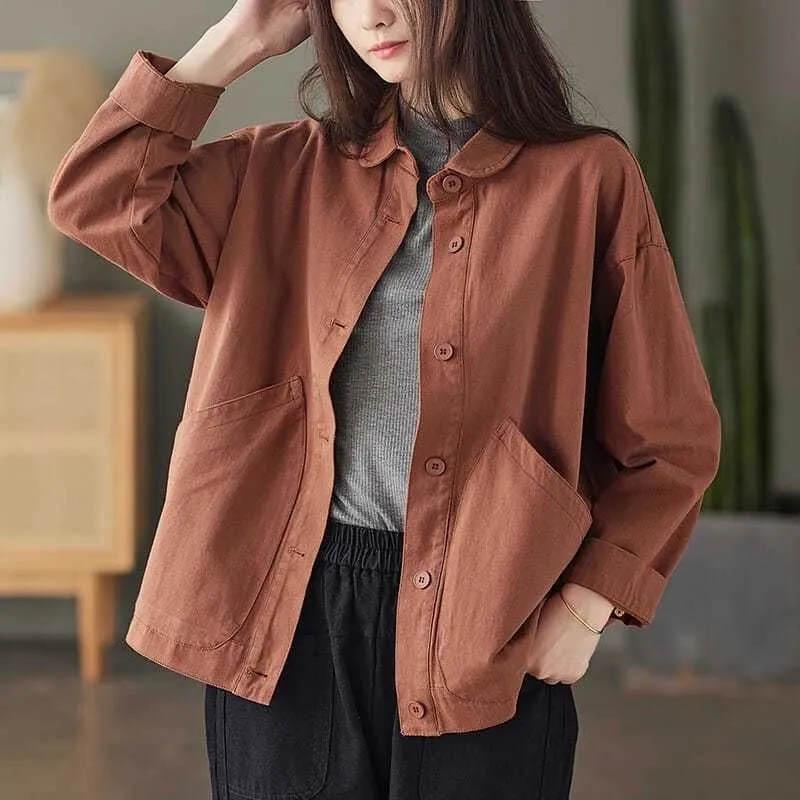 Coat for Women Cotton Casual Oversize Vintage Solid Color Large Pocket Single Breasted Loose Casual Top Jacket