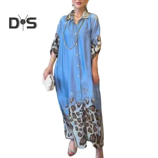 

Платье макси Lady Spring с леопардовым принтом, длинными рукавами и запонкой, однобортное, винтажное, повседневное, с высокой талией S синий