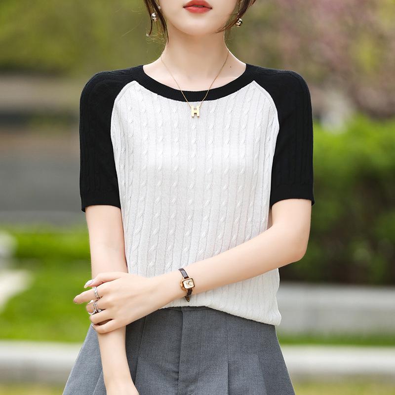 

Контрастный цвет, свитер с круглым вырезом, футболка с короткими рукавами для женского лета, тонкий топ из ледяного шелка, облегающая и стильная рубашка с рукавами три четверти XL