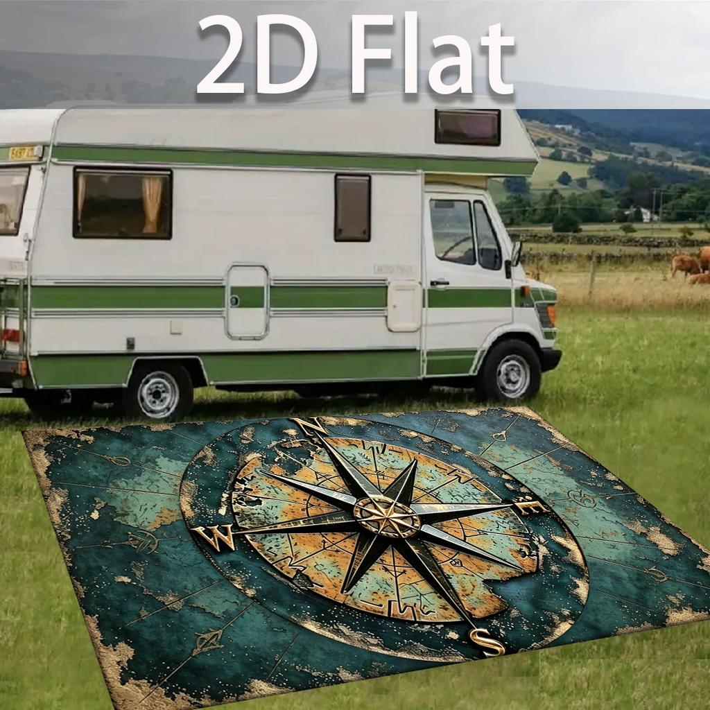 1pc 2D Flat Vintage Nautical Compass Pattern Rectangular Non‑Slip Area Rug, Indoor Home Rug for Living Room, Bedroom, Bedside