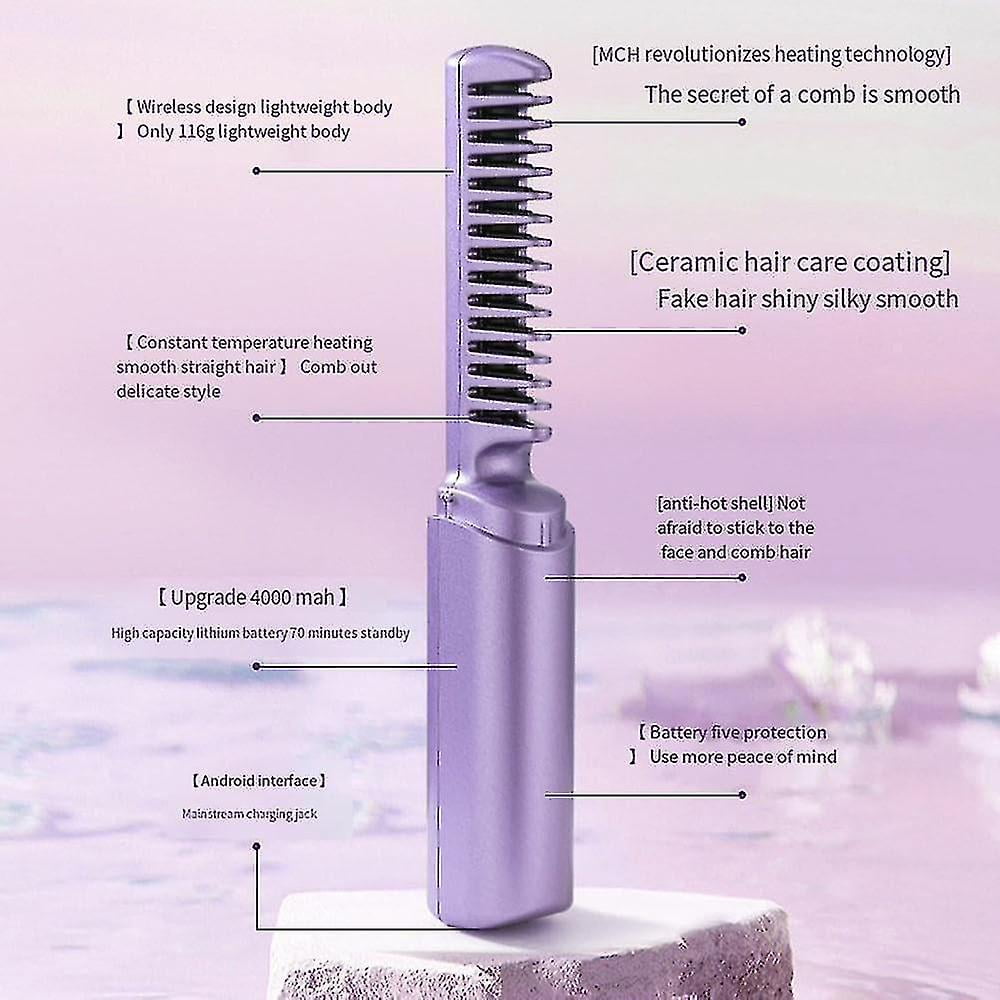 Mini Ionic Hair Straightener Brush, Rechargeable Electric Straightening Comb with 3 Heat Settings for Portable Travel