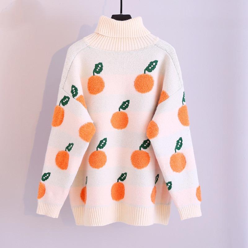 Autumn and Winter New Casual Loose Orange Pattern Turtleneck Long-sleeved Knitted Pullover Sweater Women