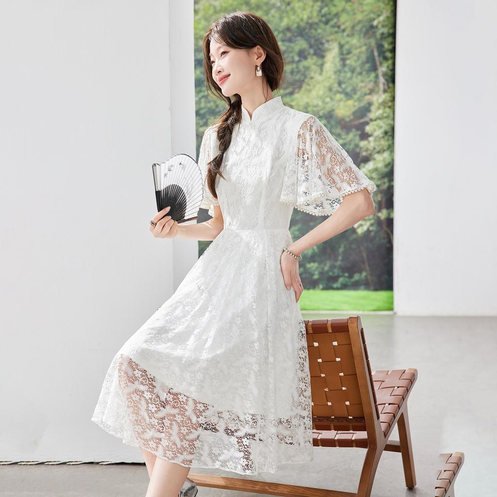 Improved lace white cheongsam women's new thin new Chinese certificate registration daily dress long dress