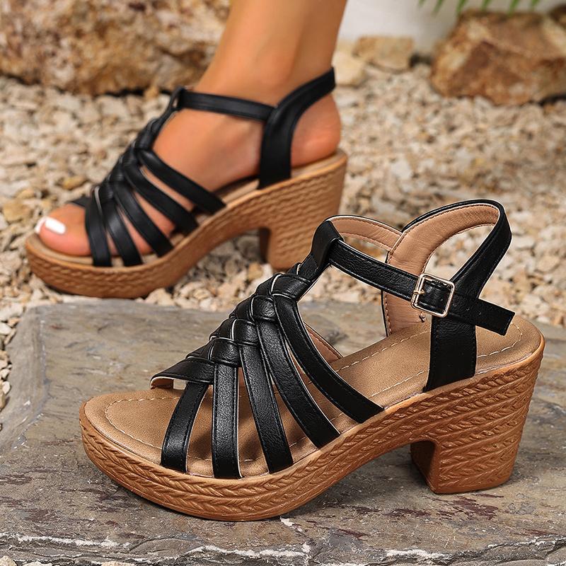 Hollow Weaving Chunky Heel Sandals for Women 2025 Summer Ankle Strap Platform Roman Sandals Woman Lightweight Casual Beach Shoes