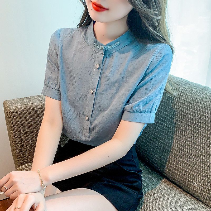 Chinese Style Stand-up Collar Frog Button Women's Shirt Summer 2025 New Arrival Loose All-Matching Top Thin Short Sleeve Cotton Shirt