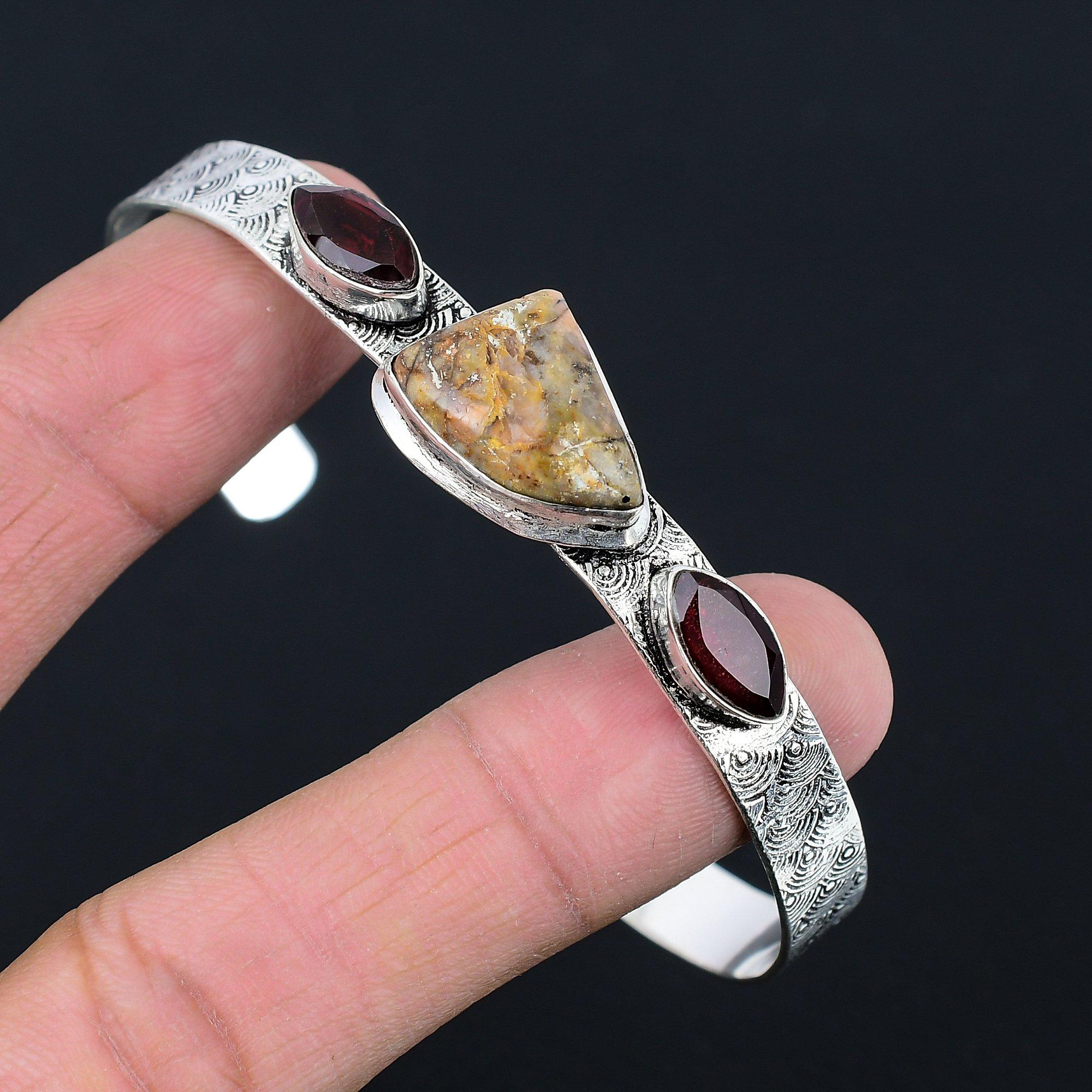 

Natural Dendrite Tiger Gemstone Bangle Adjustable 925 Sterling Silver Jewelry Adjustable