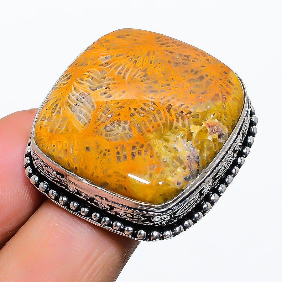

Natural Fossil Coral Gemstone 925 Sterling Silver Jewelry Ring Size 9.5 O8n58