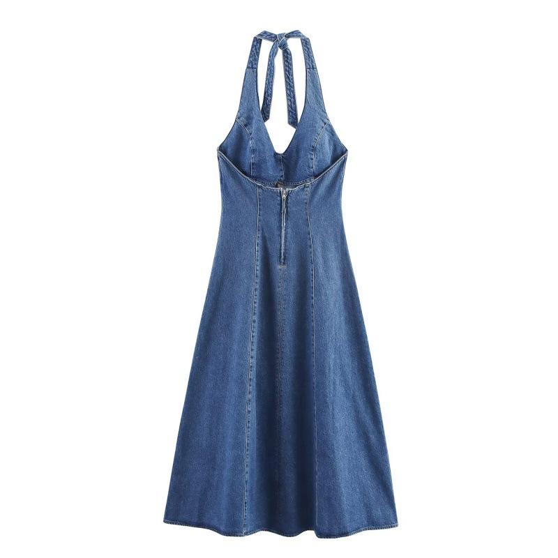 Abito Estivo Midi in Denim con Scollo a V e Nodo, Senza Maniche, per Donna