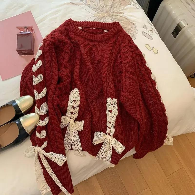 Female Fall and Winter Christmas Twist Tie Sweater Ladies Design Sweet Bow Knit Top