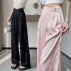 Frühling/Sommer 2026 Plus Size Rosa Jacquard-Satin-Hose mit weitem Bein, hoher Taille und Froschknöpfen