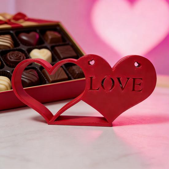 Valentine's Day Heart Decoration 3D Printed Romantic Heart-to-Heart Statue Red Love Heart Tiered Tray Table Sign for Anniversary Wedding Gifts