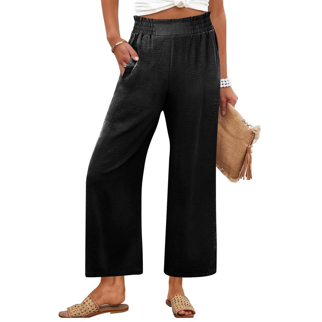 Women's Fashion -Colour Elasticated High-Waisted Cropped Trousers With Pockets