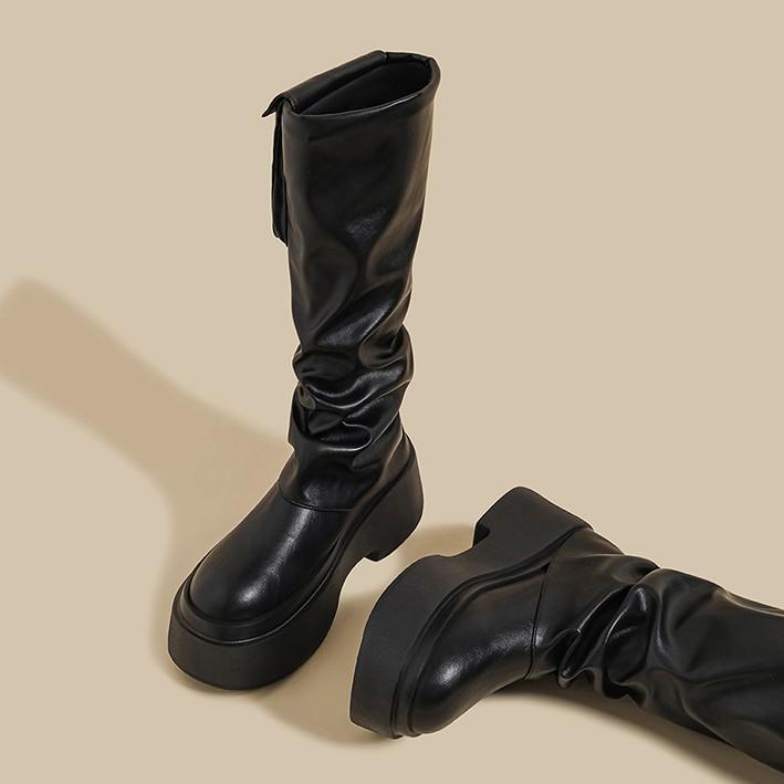 2025 autumn new thick-bottomed pleated stacked boots women's retro nude suede pocket niche tall knight boots