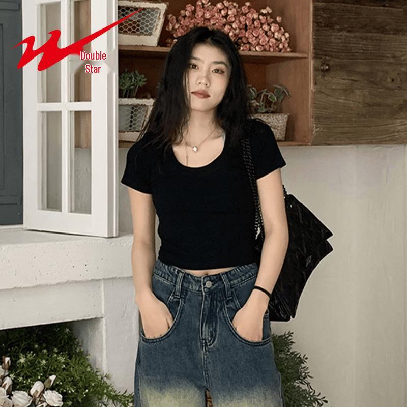 Shuangxing Women's Summer U-Neck Crop Top T-Shirt