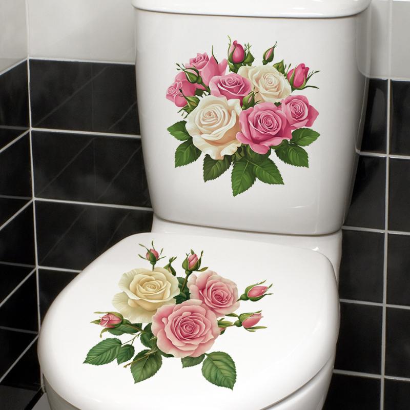 2Pcs Creative Rose Flower Waterproof Toilet Sticker Bathroom Wall Background Decal Home Decoration Self-adhesive Posters
