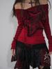 Estetisk Grunge Rød Trykket Langermet Topp Sexy Off-Shoulder Y2k Slankende T-skjorte Japansk Motedesign Casual Klær Høst