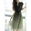 Summer New Gradual Change Green Collar Waist Design Pleated Chiffon Dress Women's Summer Long