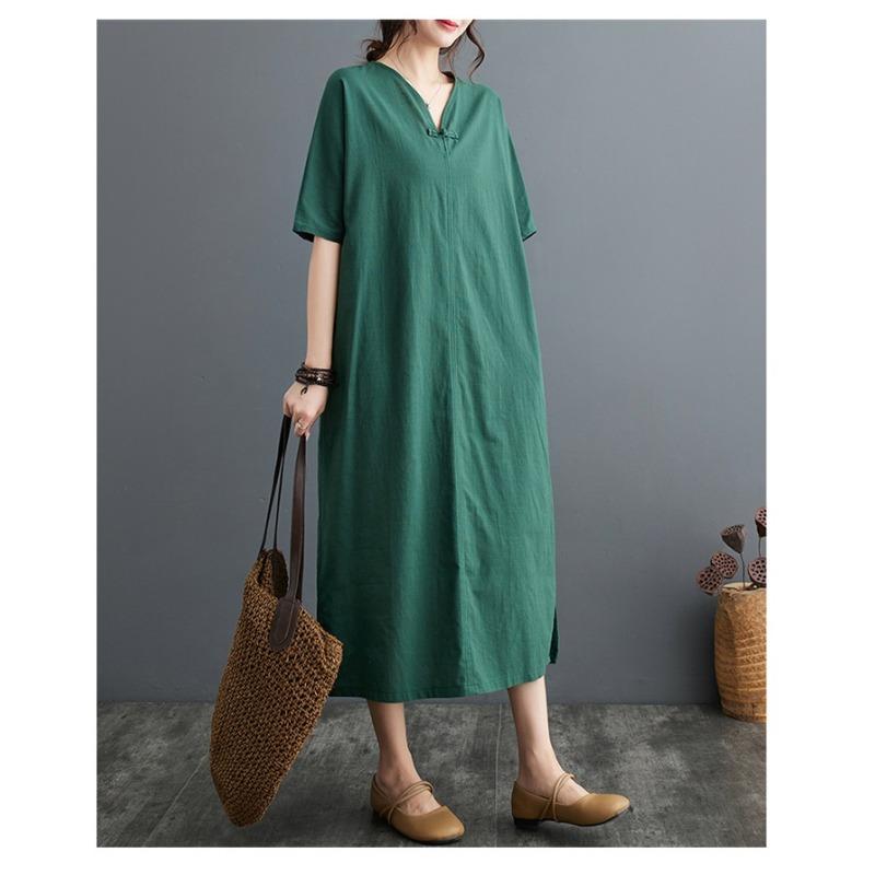 Summer New Cotton and Linen Artistic Retro Pullover Buckle Dress A-line Long Skirt