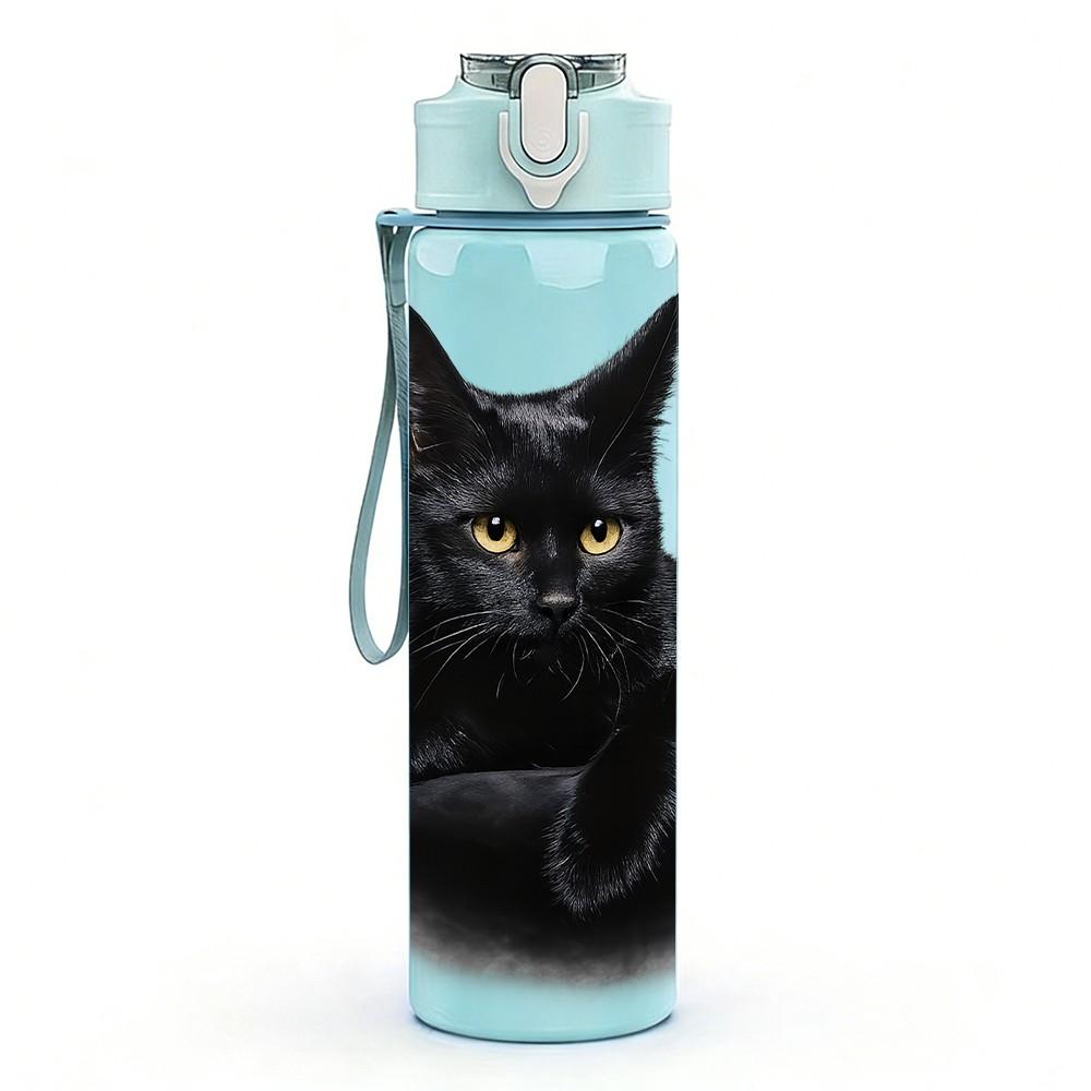 1PC Black Cat Moon Night Simple Art Print 750ml Color Plastic Sports Water Bottle Leakproof Flip Straw Lid Suitable for Sports Office Home Use