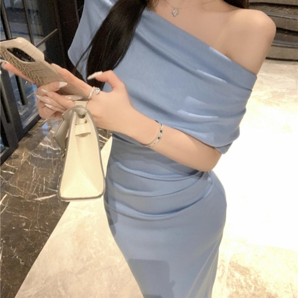 Temperament One-word Off-the-shoulder Irregular Dress New Casual Women's Summer Pleated Design Hip-wrapped Dress