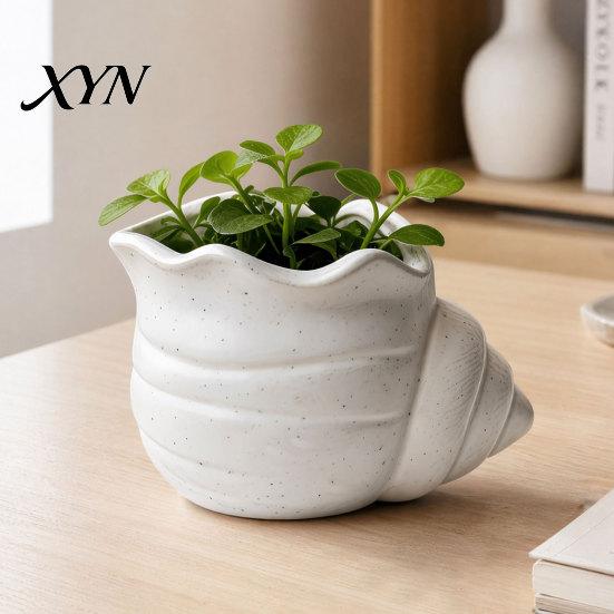 Playful Design Flowerpot 3D Printed Conch Flower Pot, Moisture-Resistant Mini Planter with Wavy Edge And Moisture-resistant Drain Hole Design,