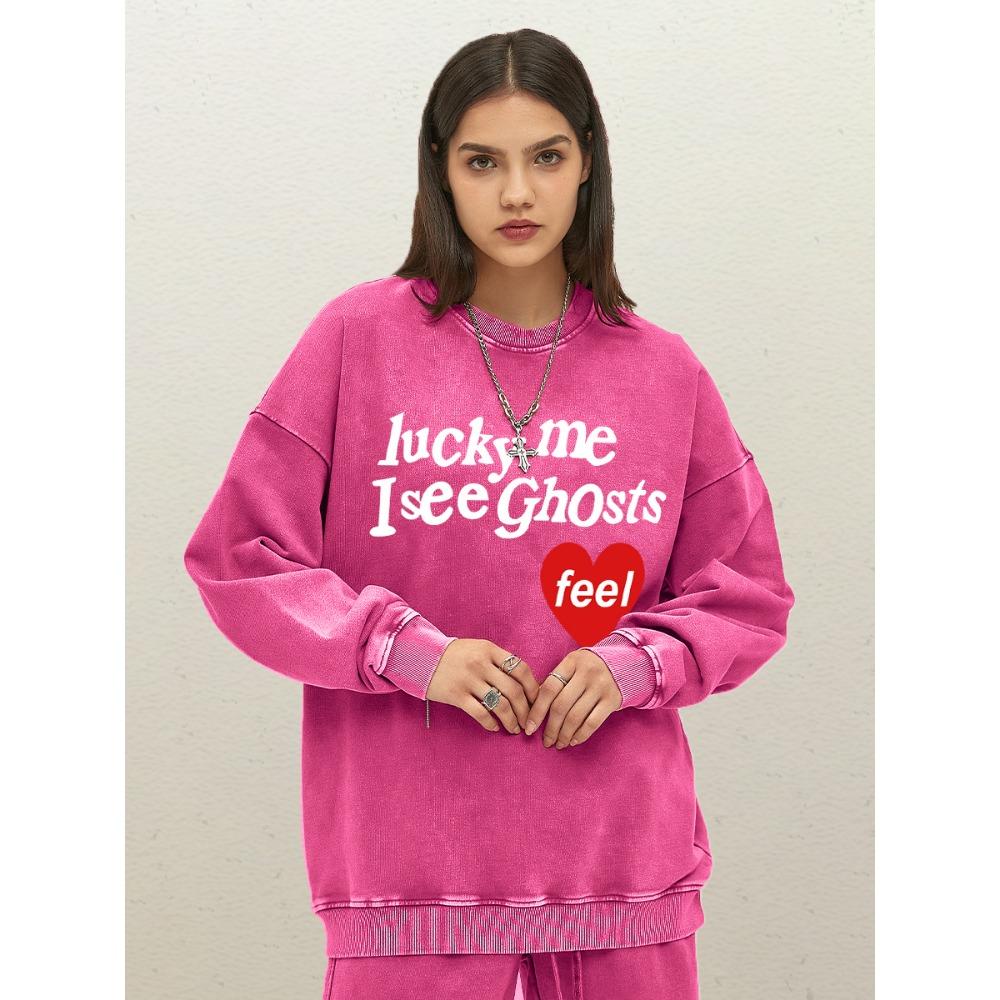 Lucky Me I See Ghosts Art Letter Print Womens Washed Sweatshirt Soft Cotton Streetwear Loose Sportswear O-Neck Top