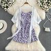 Elegante Vestido Curto de Verão Feminino com Estampa Floral Linha A Duas Peças Slim Férias Senhoras