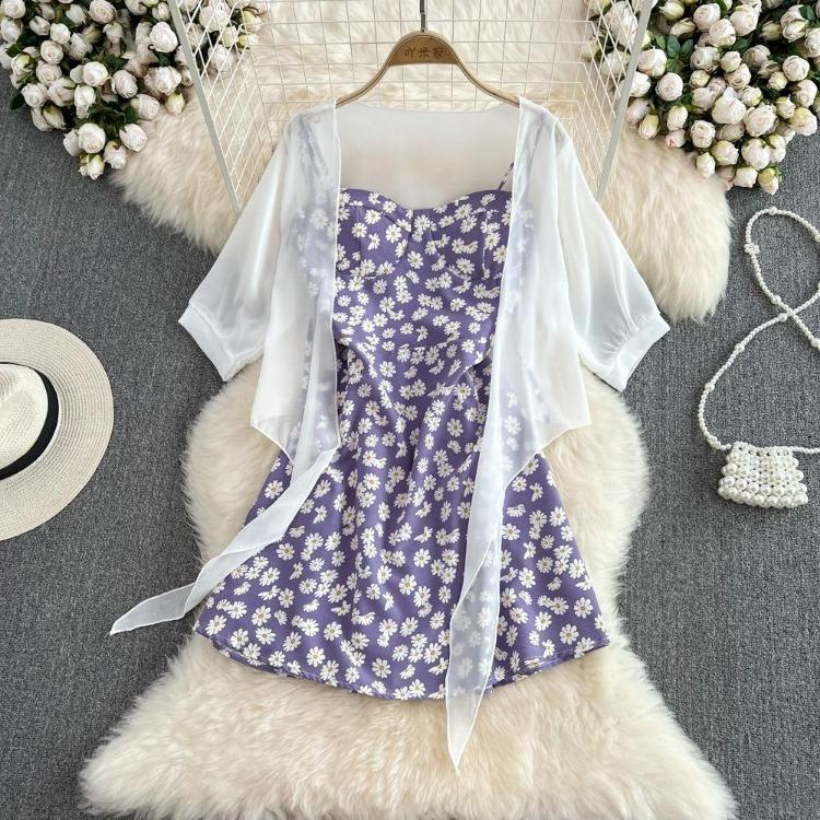 Elegante Vestido Curto de Verão Feminino com Estampa Floral Linha A Duas Peças Slim Férias Senhoras