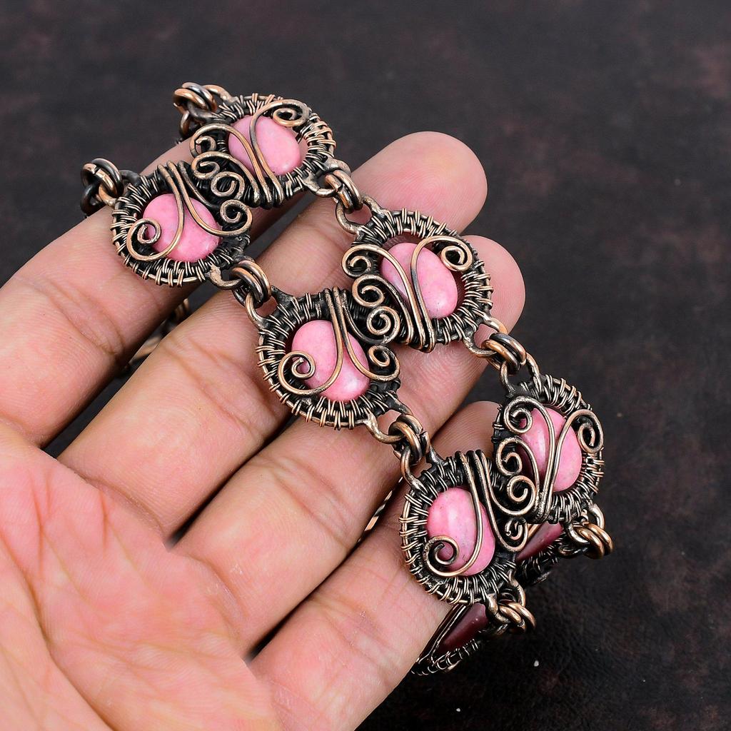 Thulite Bracelet Copper Wire Wrapped Gemstone Jewelry Adjustable Chain Bracelet Handmade Jewelry Copper Wire Wrap Bracelet Engagement Gifts