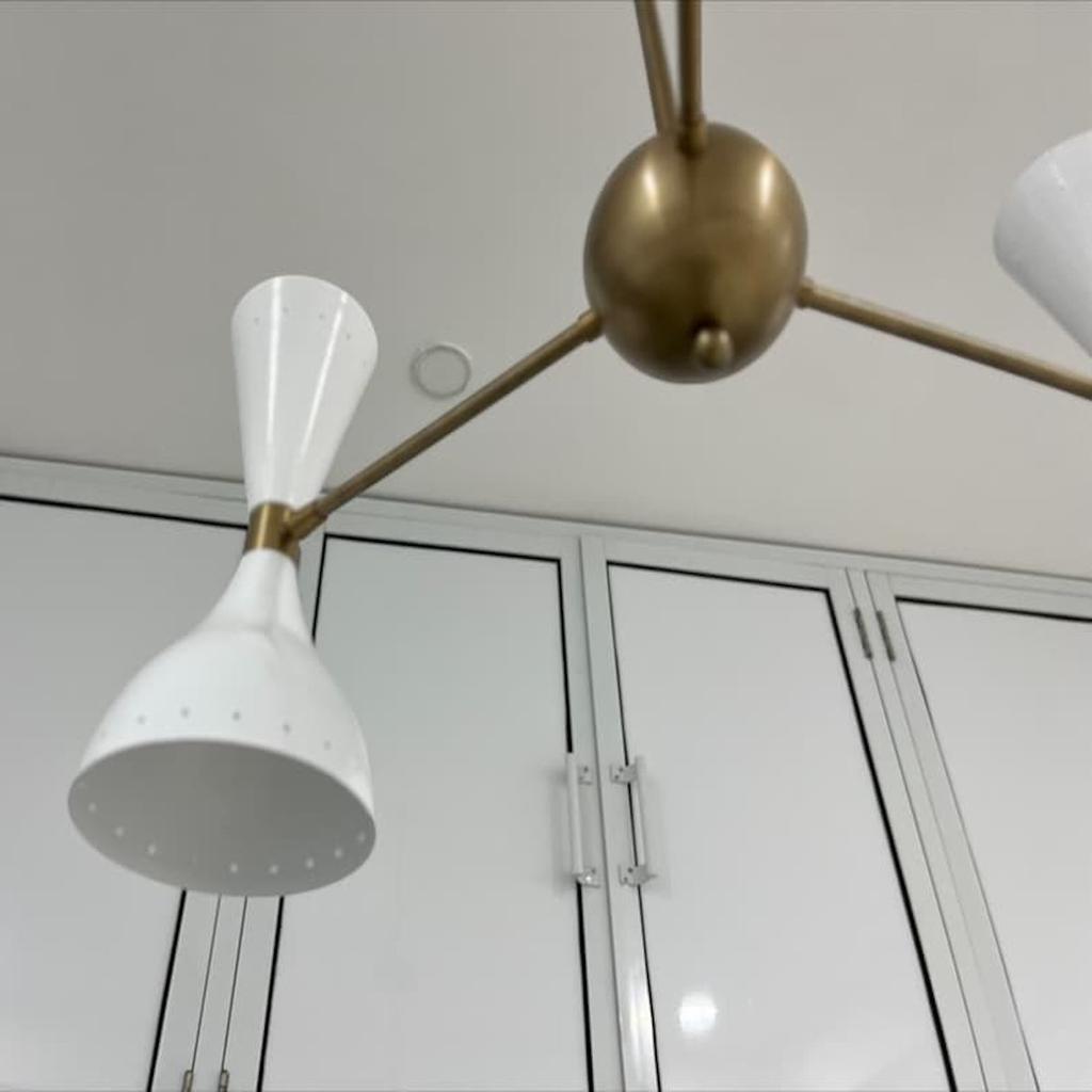 Modern Stilnovo 3 Arms Handmade Chandelier 6 Lights Mid Century Light Fixture Italian Design Chandeliers Raw Brass And White Decorative