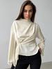 Chiffon High-End Slit Women's Shirt Spring Summer New Arrivals Apricot Color Ruched Long Sleeve Top for Women
