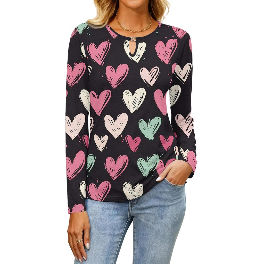 Damen Casual Rundhals Aushöhlung Langarm Valentinstag Herz-Print T-Shirt Top