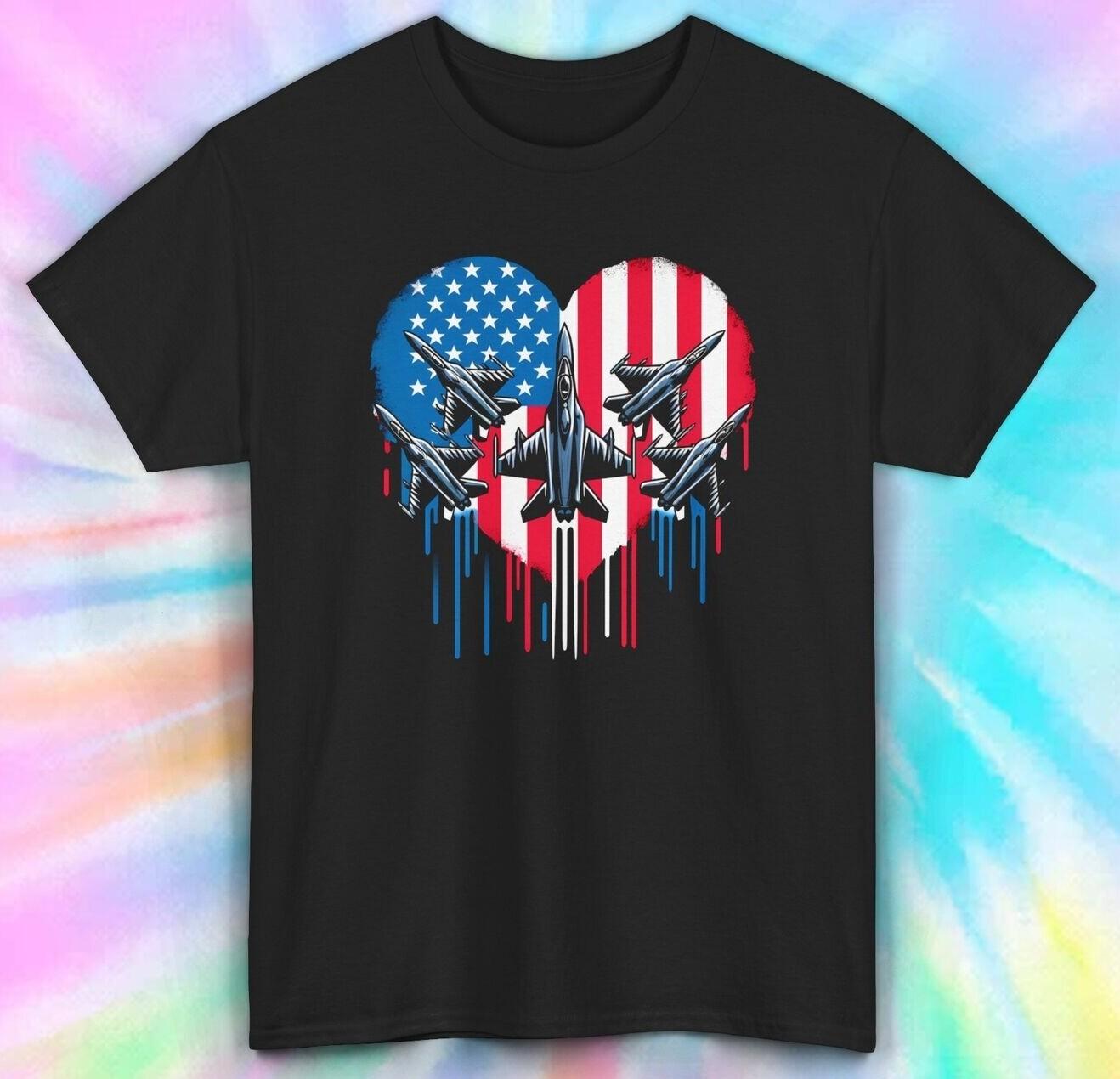Patriotic Heart Fighter Jet T-Shirt | American Flag Military Aircraft Tee |S-5XL XXXXL