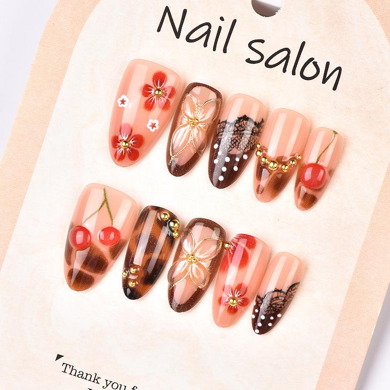 39-Piece Gold-Plated Almond-Shaped Nail Tips: Autumn/Winter 3D Flowers, Lace & Cherry Design.