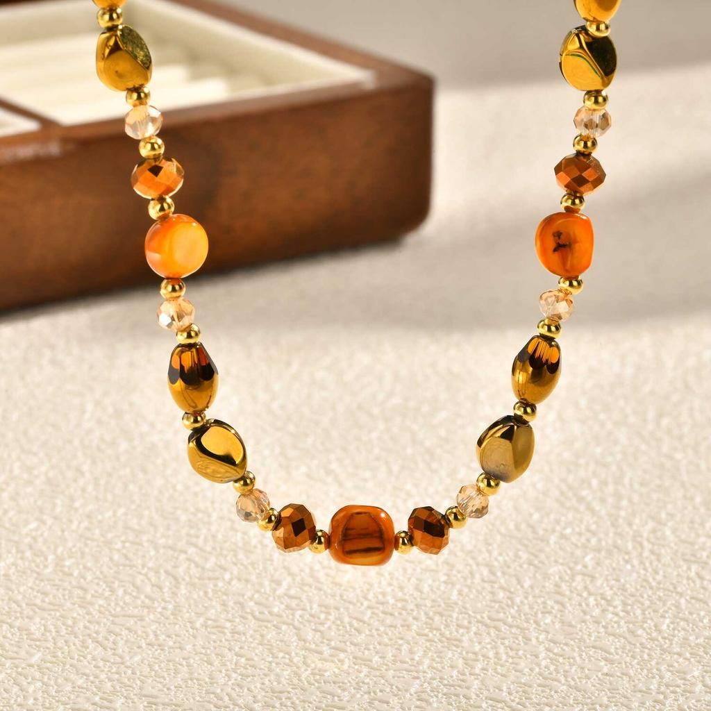 Vintage Natural Brown Tiger Eye Stone Necklace Choker for Women, Adjustable Beaded Chain, Stack Jewelry