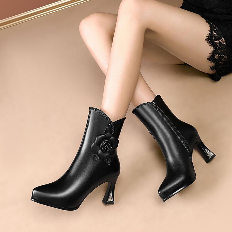 Fashion FHC Soft Leather Women Short Boots,Platform Botas,Flower Plush Winter Shoes,Pointed Toe,Side Zipper,British Style,Black,Dropship